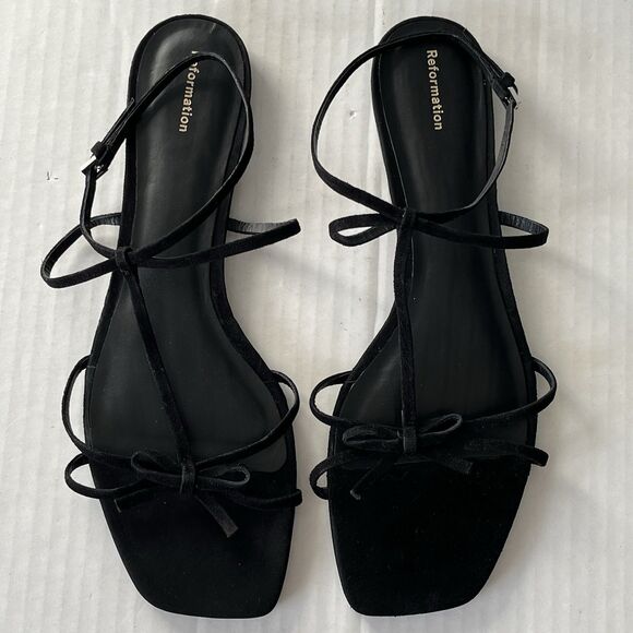 Reformation Maya Strappy Flat Sandals Sz 11 Ankle Strap Bow Detail Black Leather - Picture 2 of 15